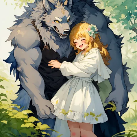 watercolor, soft color, Vintage images, highres, unparalleled masterpiece, absurdres, love story of human  girl and giant Werewolf, pair, Height difference, Physical difference, perfect anatomy, smile, joyful, play with, smile, happy, watercolor,