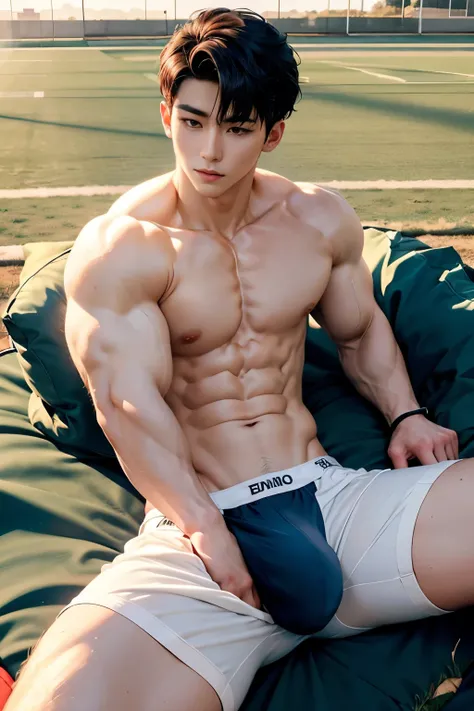 HOMEM COREANO, SEM CAMISA, rosto bonito, PEITO MUSCULAR, volume na cueca, bulge,  grande, campo de futebol 