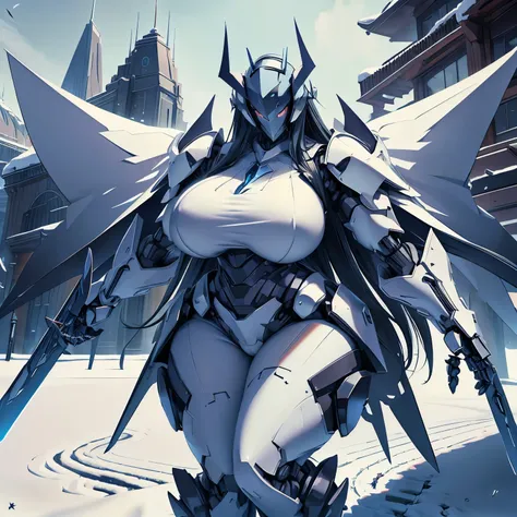 Beautiful robot lady demon in the snow with long hair, face mask, large thighs, chubby , long hair , holding a sword