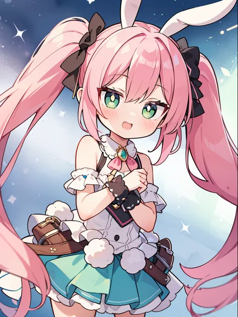 cute, pink hair, twin tails, fantasy wonderland, 1 girl, Rabbit, Green pupils,Stinking eyes, fine, whole body, looking at the viewer, dynamic angle, game CG