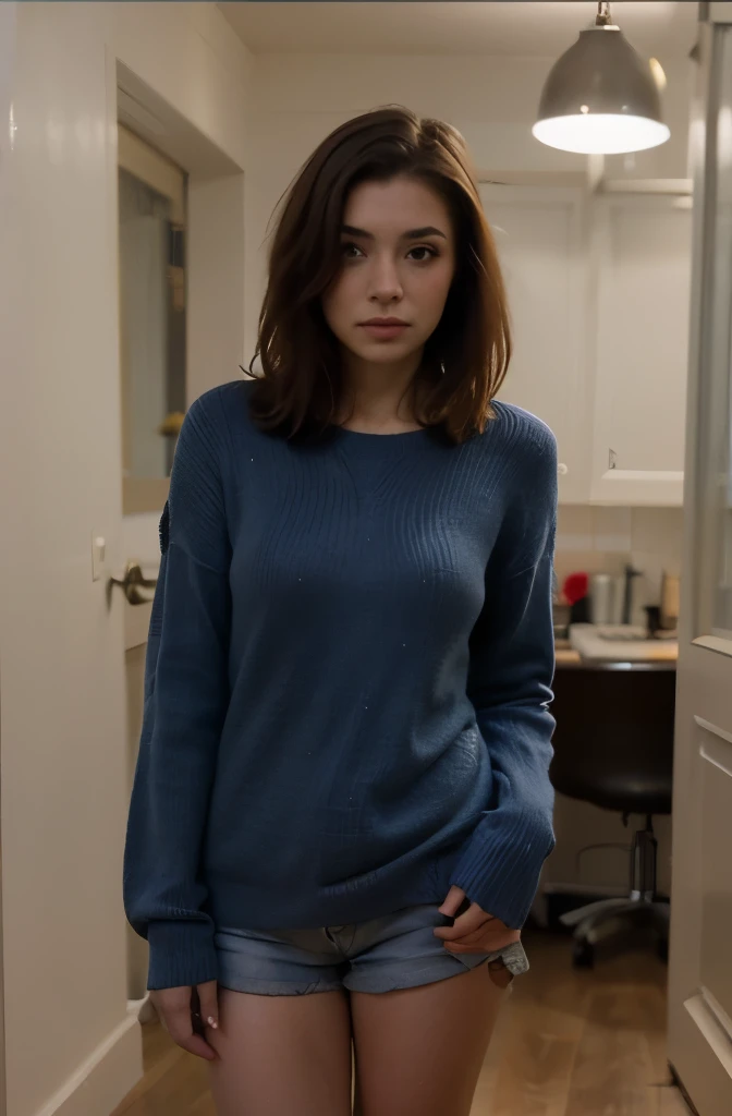 Garota russa loira extremamente realista com cabelos loiros e olhos azuis, wearing a blue sweater, Corpo inteiro, Looking at the camera