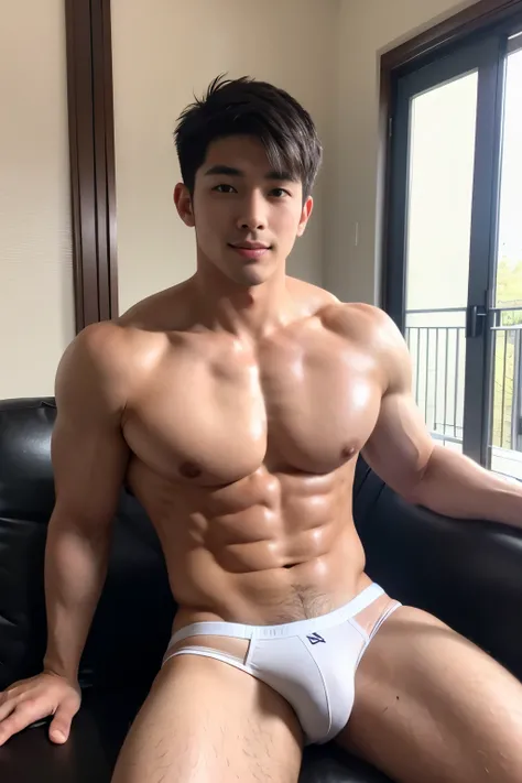 Sexy muscular, plump pecs, confident cocky slight smile casual friendly guy smirking twinkle eyes smooth skin femboy queer athletic Hispanic, looks seductively into the camera, throbbing, man , wearing a white satin underwear, has nice top white trim and n...