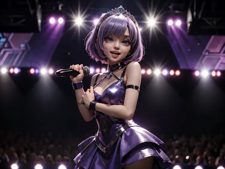 Beautiful woman with pink bob cut、18歳、silver tiara、(purple cyberpunk dress)、smile, (open mouth), (giving a speech in front of a crowd)、on the stage, standing, hand mic, future space conference