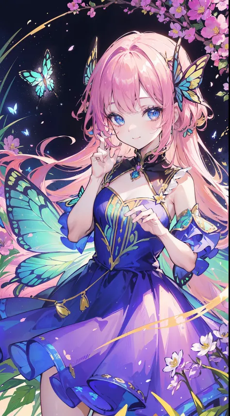 (((32k))), (16k), (8k), (4k), (((32k fantasy background))), (((Pretty girl))), (((cute girl))), (beautiful quality eyes), ((cute smile)), (((dress))), (((fantasy))), (32k), (beautiful cute girl), (butterfly ornament), (butterfly dress), ((many butterflies)...