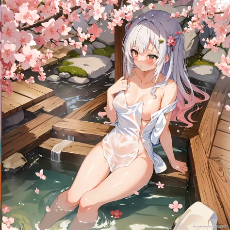 (masterpiece, best quality), trending pixiv, (perfect anatomy),
, WET bodies, thin towel, revealing clothes, naked, pussy, shy, blush, look up , onsen, sakura, cute girl 