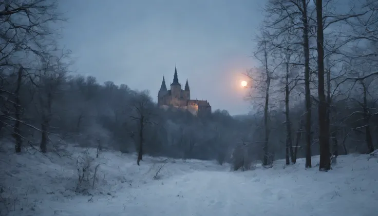 medieval hungary, a big moon rises, snow forest, gothic, Spooky, I was scared, Mysterious, movie scene