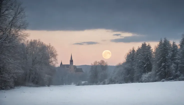 medieval hungary, a big moon rises, snow forest, gothic, Spooky, I was scared, Mysterious, movie scene