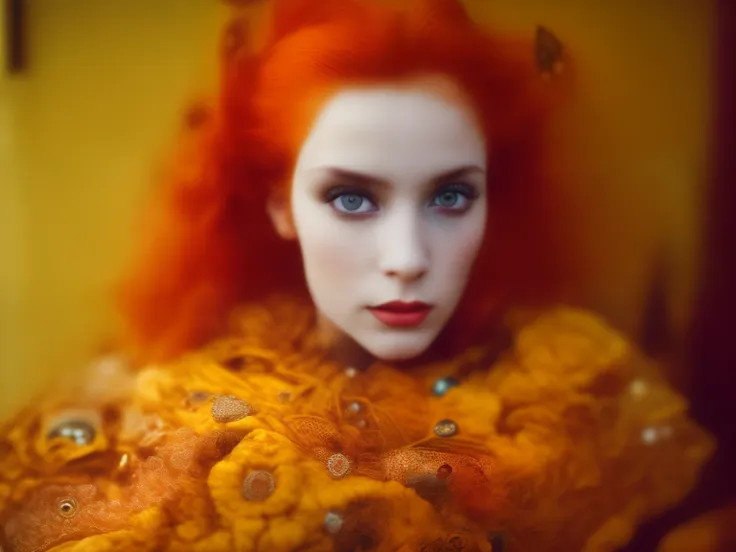 a beautiful girl in an intricately detailed room in mdj style, beautiful detailed orange hair, anamorphic lenses distorting the ...