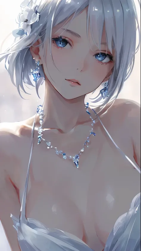 masterpiece, highest quality, figure, white, platinum earrings, Platinum Necklace, white dress, 1 girl, cute, (dynamic lighting:1.2), cinematic lighting, delicate features, fine eyes, sharp pupils, ((shapely massive chest;1.5)), realistic student, Depth of...