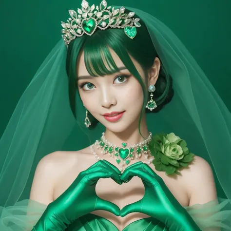 emerald tiara, green pearl necklace, ボーイッシュな非常に短いgreen hair, lipstick, smiling Japanese woman, very short hair,  Beauty with large breasts, green eyes, Long Green Satin Gloves, green eyes, emerald earrings, green veil, heart with both hands, green hair, be...