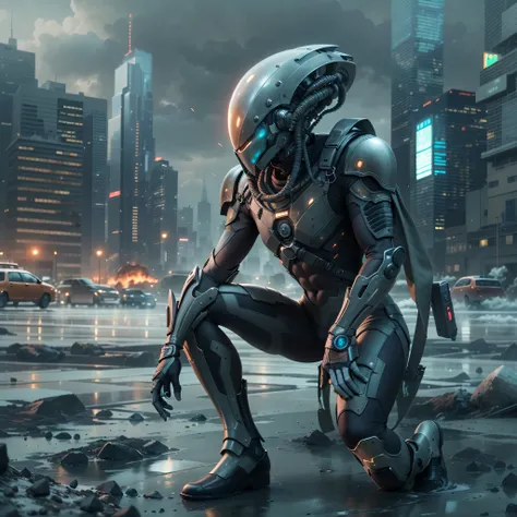 A highly technological and advanced alien soldier in an apocalyptic city