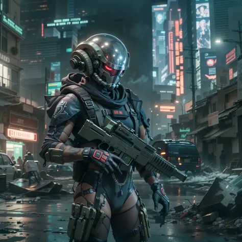 A highly technological and advanced alien soldier in an apocalyptic city