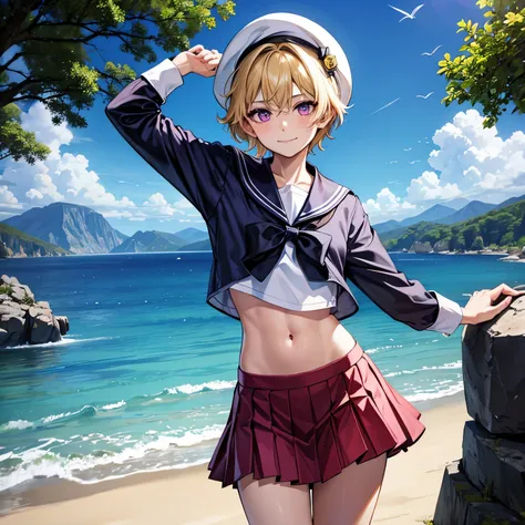 (masterpiece), 1boy, solo, best quality, expressive eyes, perfect face, (young boy, pretty boy), short hair, blond hair BREAK pink eyes BREAK sailor uniform, sailor hat, skirt, mountains, rocks, smile, closed mouth, exposed navel, standing 