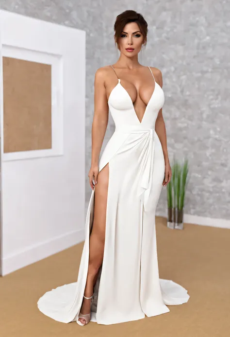 3dcg, Full body shot of 1 beautiful MILF, solo, wearing high slit gown and posing to camera, viewing towards the camera, Masterpiece, high quality, textured skin, 