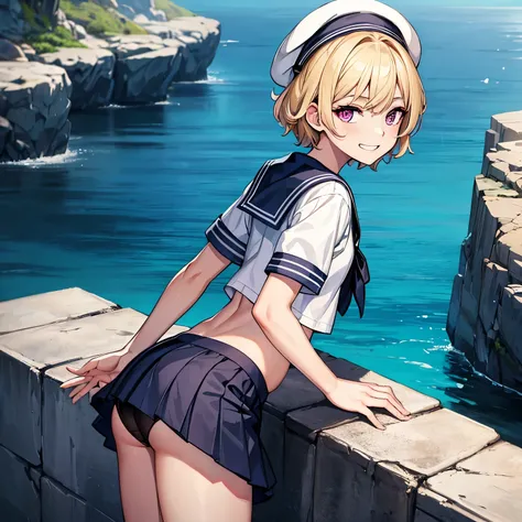 (masterpiece), 1boy, solo, best quality, expressive eyes, perfect face, (young boy, pretty boy), short hair, blond hair BREAK pink eyes BREAK sailor uniform, sailor hat, skirt, mountains, rocks, smile, grin, from behind, looking back, standing, cute butt, ...