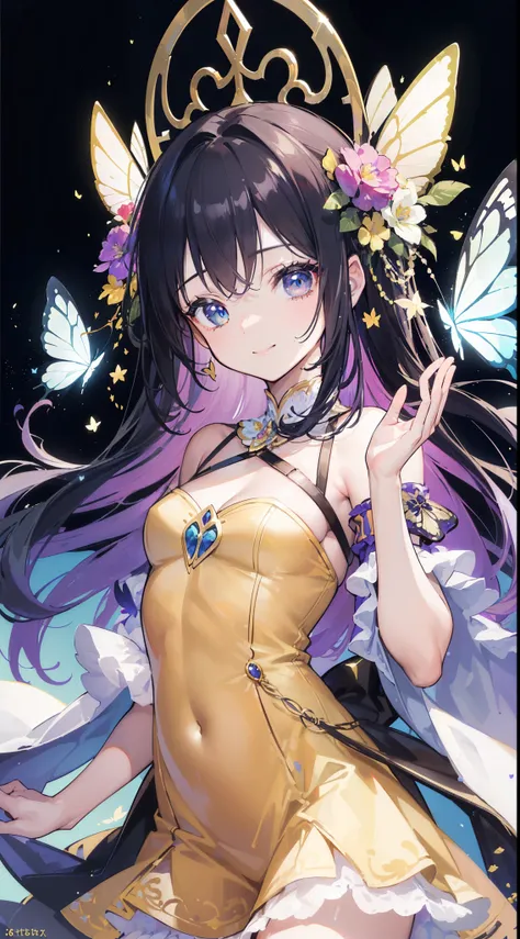 (((32k))), (16k), (8k), (4k), (((32k fantasy background))), (((Pretty girl))), (((cute girl))), (beautiful quality eyes), ((cute smile)), (((dress))), (((fantasy))), (32k), (beautiful cute girl), (butterfly ornament), (butterfly dress), ((many butterflies)...