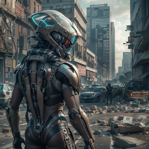 A highly technological and advanced alien soldier in an apocalyptic city