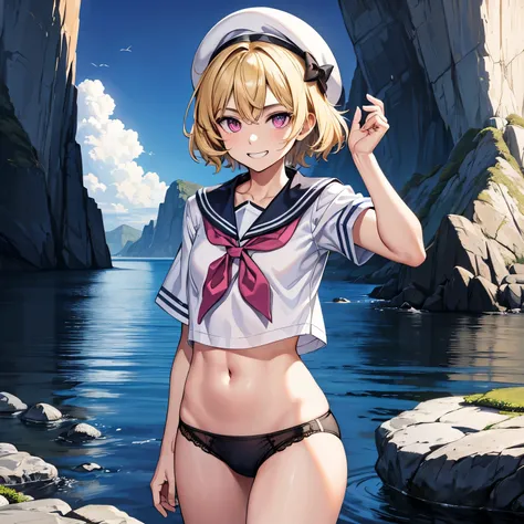 (masterpiece), 1boy, solo, best quality, expressive eyes, perfect face, (young boy, pretty boy), short hair, blond hair BREAK pink eyes BREAK sailor uniform, sailor hat, mountains, rocks, smile, grin, exposed navel, standing, bulge, panties 