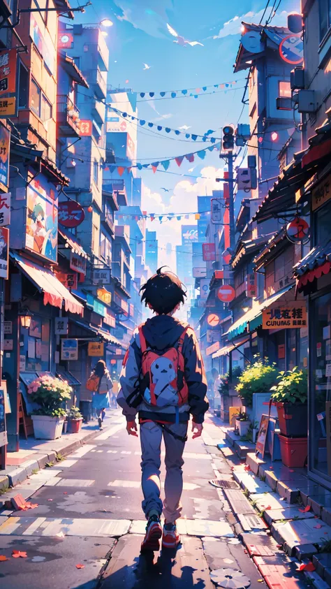 (best quality, 4k, 8k, highres, masterpiece:1.2), ultra-detailed, (anime: 1.2), anime - style painting of a boy walking down a street in a city, anime style 4 k, anime style. 8k, artwork in the style of guweiz, makoto shinkai style, lofi artstyle, in style...