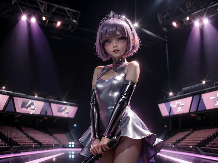 Beautiful woman with pink bob cut、silver tiara、(purple cyberpunk dress)、crying:1.2, sobbing:1.1, (singing:1.2), (stand mic), on the stage, standing, future space conference, （大勢の観客:1.2）