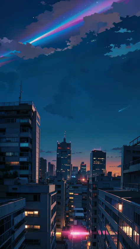 90s anime style, From the roof of a high building , in the dark, blue light, without light, night city.