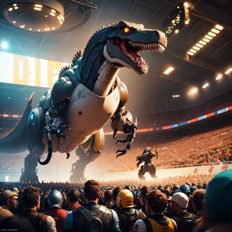 (masterpiece), best quality, cinematic, T-Rex cyborg, robot arms, in a futuristic arena, apocalyptic, crowd of mutants in the stands