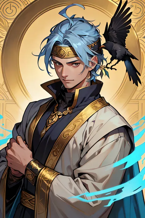 Illustration of a immortal cultivator man with a greyish blue short shair, with a feather hair pin at the right side of the head. The outfit is predominantly gold with a golden headband, accompanied by a crow on top of his head, his aura is enveloped with ...