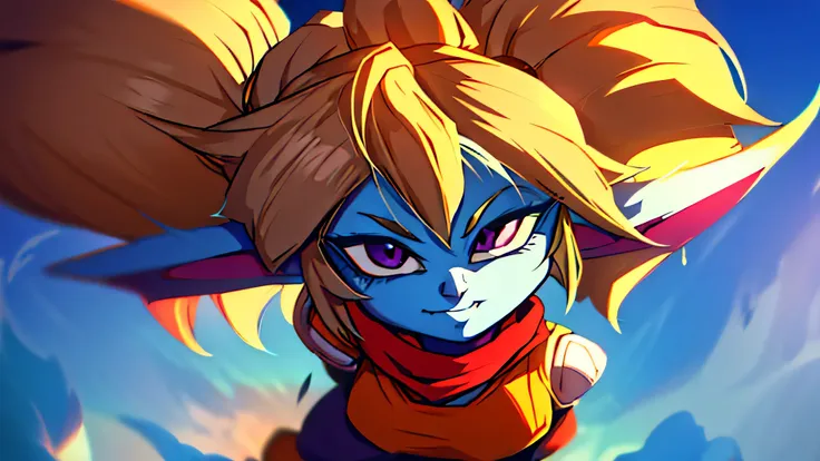 poppy voando e vestida como goku, o personagem de dragon ball, com um sorriso no rosto