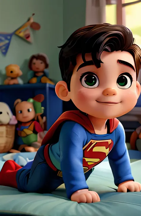 a baby boy lying in his crib and looking happy at the camera, cabelo curto, olhos verdes, rosto largo, fralda com desenhos do Superman da DC, (luz natural), (close-up), (alta qualidade)