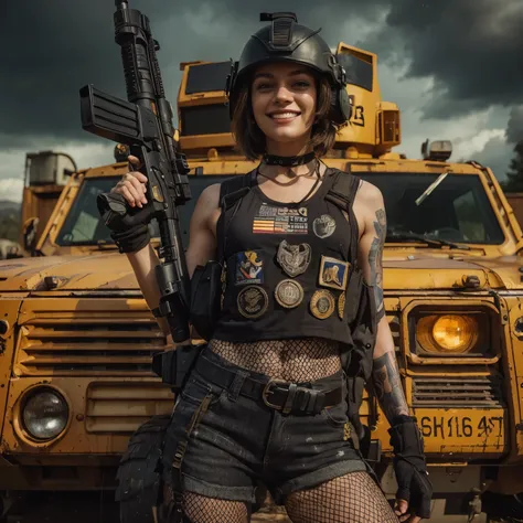 hyper realistic scenery moment detail sharp shade photography, gloomy mood dark sky, wide shoot full body of fictional character: a caucasian girl facial with no hair wearing soldier helmet full of badges, cool smile grin expression, wear black tank top, w...