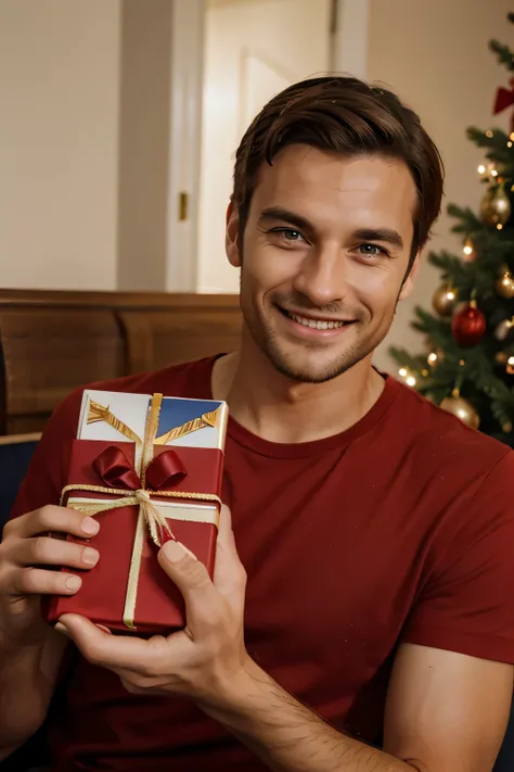 Super happy European man when he opens a gift., foto realista
