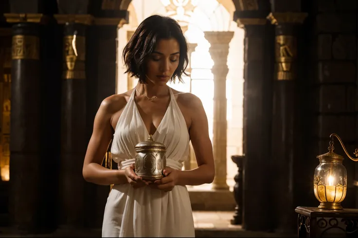 Egyptian woman, black, short hair in light white dress, holding a small silver jar with oil, luxury room of an ancient Egyptian king, phothotorealistic scene, night time,dramatic, cinematic, 4k resolution, hyperdetailed, dramatic scene, extremely, full bod...