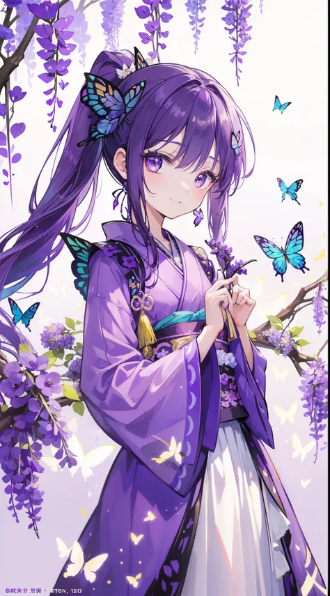 (32k), ((cute girl)), (hight quality), (high-level image quality), (smile), (hight quality wisteria flowers background), (32k background), (wisteria trellis), 
(purple short ponytail), (purple eyes), (18 years old), (illustration), (purple light particles)...