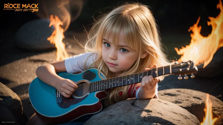 a close up of a blonde kids girl rock and roll with a guitar on a rock, fire and ice, fire magic, firemagic, vinyl cover from 1988, (fire), fire & smoke, official artwork, ice and fire, magic, air and fire, album cover!, new album cover, fire and flame, fi...