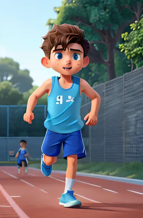 menino correndo em uma pista de atletismo, ((expression of effort)), (suando) competing with other children, ((cabelo raspado)), blue tank top with white number 10 in the middle, blue shorts, White sneakers, (Tiro de rastreamento), (cores vibrantes)