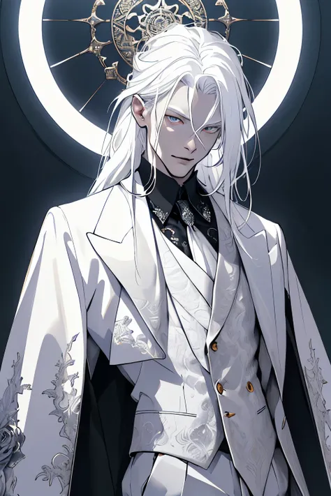 masterpiece, highest quality, approaching perfection, (perfect face:1.1), (high detail:1.1), dramatic, (1guy), pale skin, (long pure white hair:1.4), white eyes, Otto Seppalainen, solo, long hair, white luxury suit, covered navel, snob, albino, Luminous St...