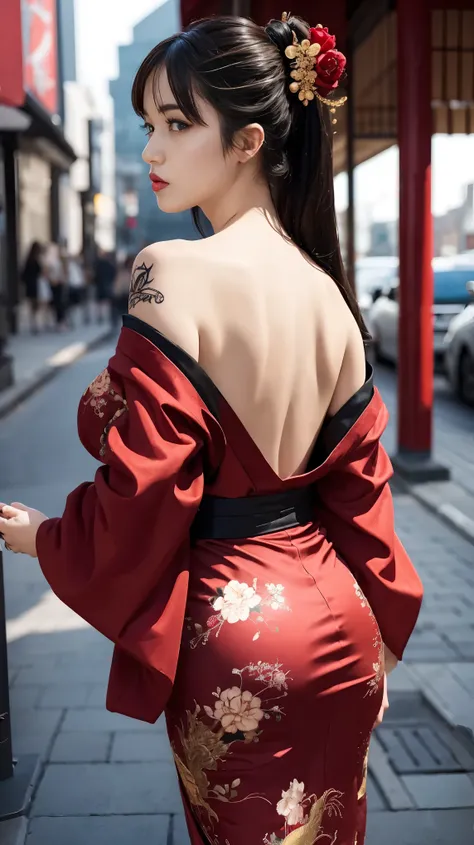 masterpiece, top quality, best quality, official art, beautiful and aesthetic:1.2),1girl, tattoo, solo, japanese clothes,sexy intricate red and black kimono, hair ornament, unsheathing, black hair, sheath, back tattoo, dragon tattoo, blue eyes, off shoulde...