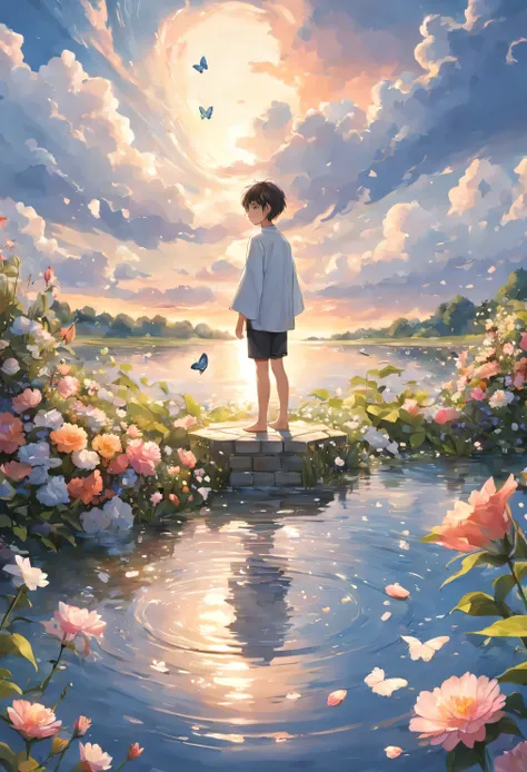 [(white background:1.5),::5] hexagon, 1boy, mid shot, full body, small butterflies, flowers,floating petal, peaceful water,cloud, sunset, garden, high quality, best, super detailed, beautiful detailed face
