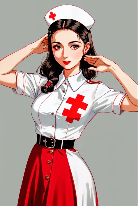 arafed woman in a nurse uniform saluting for a red cross, a photo inspired by evaline ness, flickr, symbolism, nurse costume, nu...