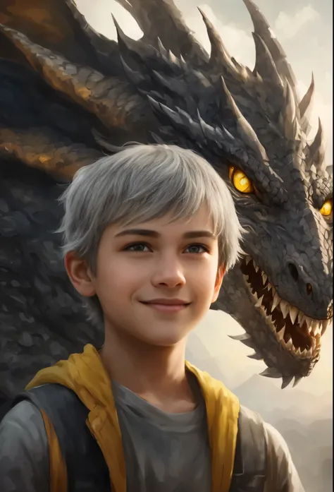 High resolution, portrait, boy with gray hair, short hair and girl with dark hair, 18 years old, yellow eyes, smile, portrait, huge dragon face and sky in the background, realism, fantasy