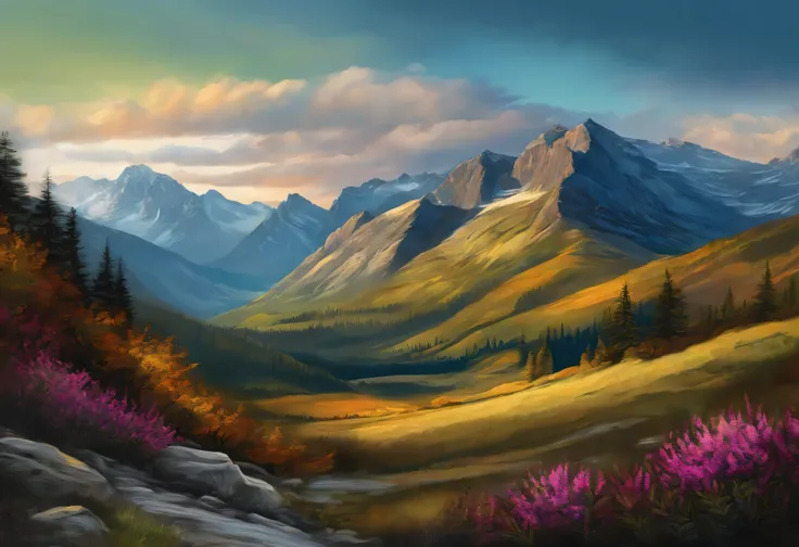 drawing, colored sketch of mountain landscape