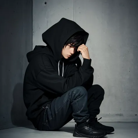 A boy wearing a black hoodie and sitting in the corner of the room with his head on his knees and the atmosphere is heavy, cold and sad.