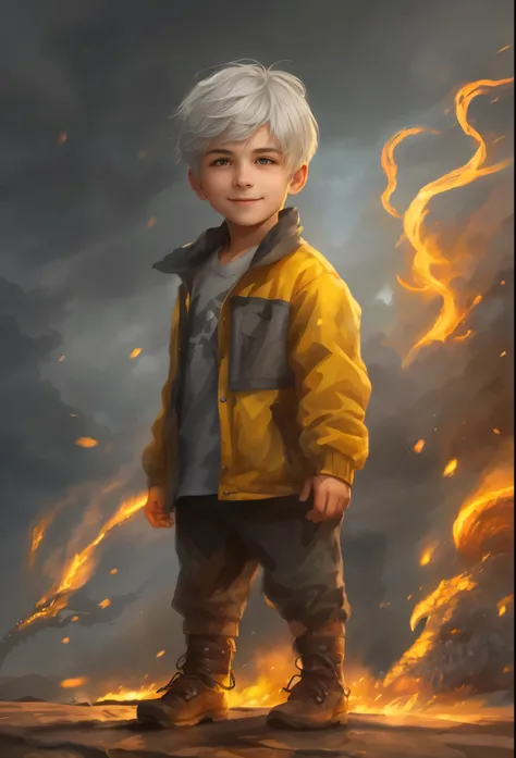 High resolution, portrait, boy with gray hair, short hair and girl with dark hair, 18 years old, yellow eyes, smile, portrait, huge dragon face and sky in the background, realism, fantasy