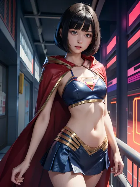 super girl elementary school student, masterpiece, highest quality, abstract, psychedelic, neon, (honeycomb pattern), (creative:1.3), fantasy 00d、 black hair、bob cut with trimmed ends、flat chest、Thin crotch、lolicon、&#39;face、standing on the walkway、belly b...