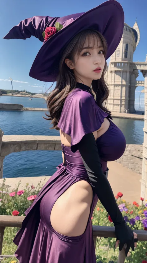 a beautiful girl, perfect face, arms at sides, masterpiece, ultra high res, high quality, 4k, upper body:1.5,  lisa (genshin impact), purple witch hat, green eyes, brown hair, (PureErosFace_V1:0.008), (european:1.6), bangs, dress, rose, jewelry, witch, cap...