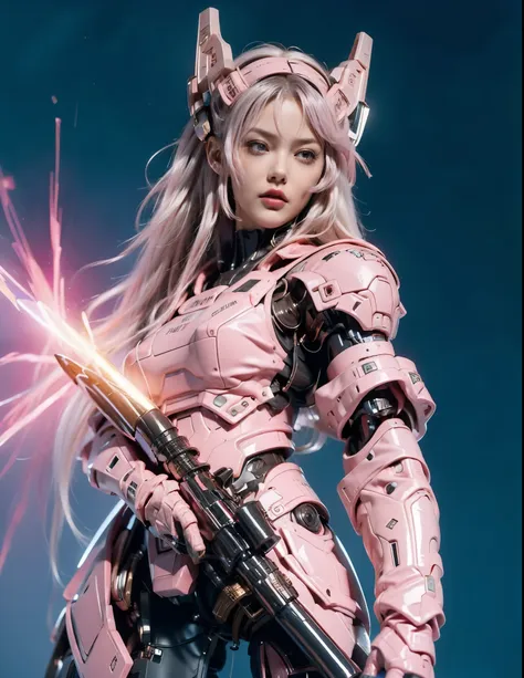 beautiful girl in cyber armor, smooth pink armor, japanese cyber style armor, pink hair, blue eyes, ที่คาดpink hair, hold the gu...