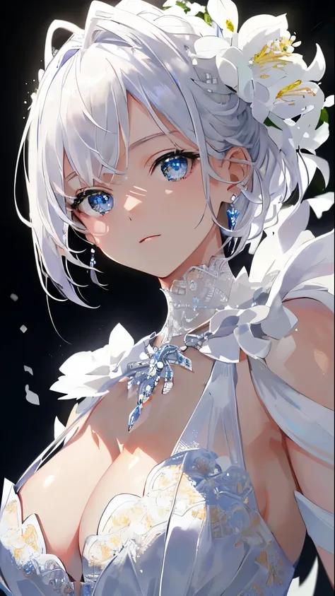 masterpiece, highest quality, figure, white, platinum earrings, Platinum Necklace, white dress, 1 girl, cute, (dynamic lighting:1.2), cinematic lighting, delicate features, fine eyes, sharp pupils, ((shapely massive chest;1.5)), realistic student, Depth of...