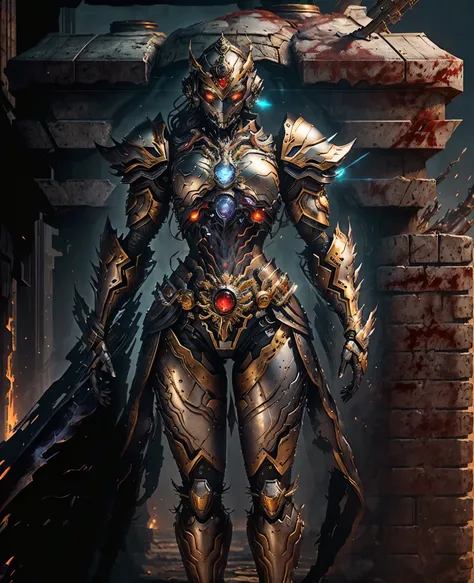 A woman adorned in fantasy-style full-body armor, a crown-concept fully enclosed helmet that unveils only her eyes, a composite layered chest plate, fully encompassing shoulder and hand guards, a lightweight waist armor, form-fitting shin guards, the overa...