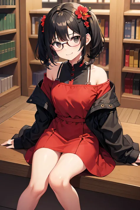 1girl, black hair, black eyes, best quality, small twintail short hair, hair ornaments, 8k resolutions, wearing glasses, wearing red dress, on the llibrary, sit pose, smile, flower