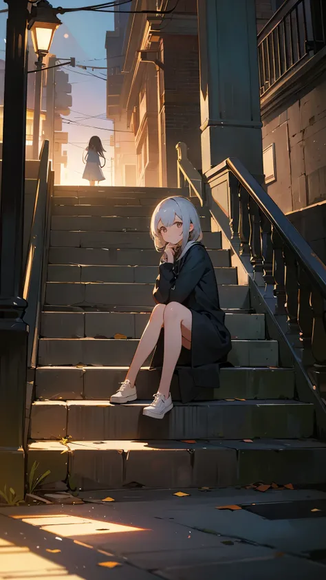 1girl, fullbody, night, light coming from behind, streetlight, stairs, sitting on stairs, sitting, front to the camera, , looking to the camera, dark, midnight